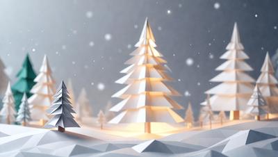 The primary subject of the image is a paper cutout of a Christmas tree. The setting is a snowy landscape, with the tree standing in the snow. The visual style is a combination of digital art and illustration, creating a festive and holiday atmosphere. The colors are predominantly white, representing snow, and the tree is decorated with lights, adding to the festive mood.